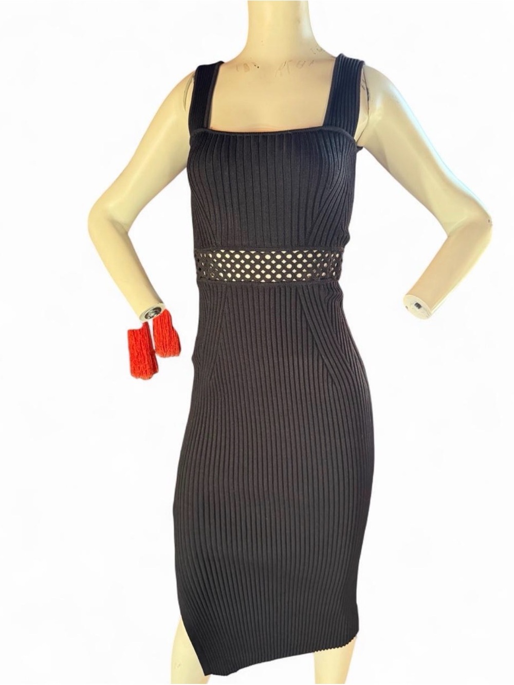 Black Ribbed Knit Midi Dress with Cutout Waist